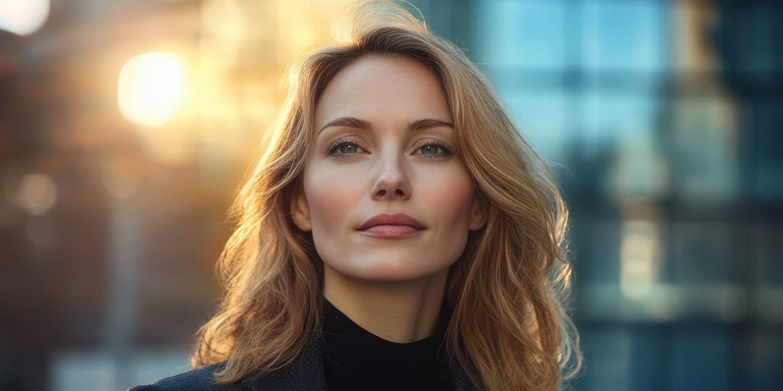 Bright sunset light illuminates a woman with flowing hair standing confidently in an urban setting